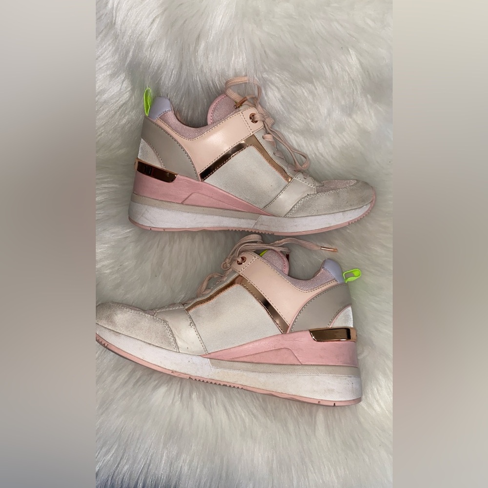 Michael Kors Pink, White & Rose Gold Wedge Sneakers with Neon Accent